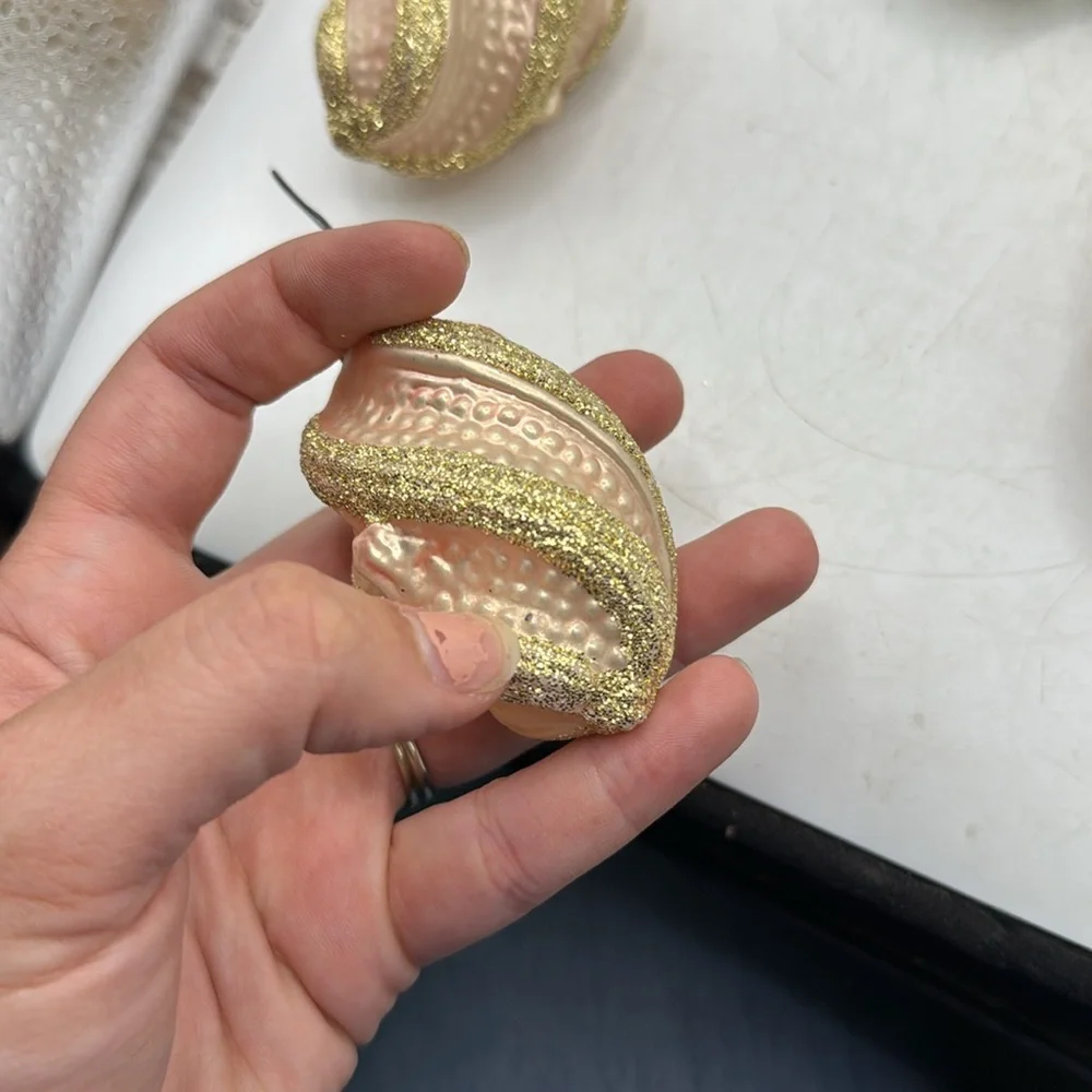 Vtg W Germany Gold Blue Glitter Christmas Glass Ornament Set 5 Collectible Swirl
